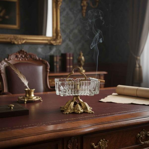 MACE Heritage – Baroque Glass and Brass Ashtray, Handmade, Square Design