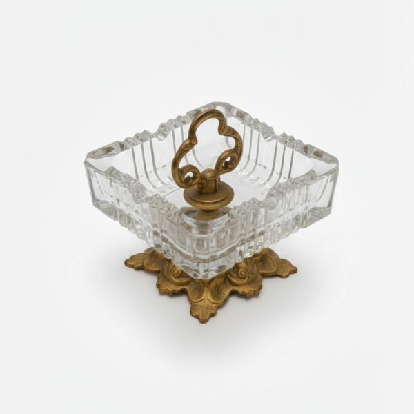 MACE Heritage – Baroque Glass and Brass Ashtray, Handmade, Square Design