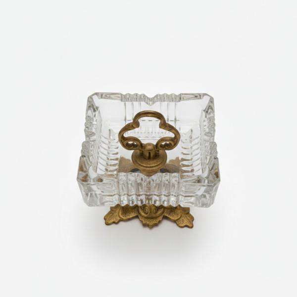 MACE Heritage – Baroque Glass and Brass Ashtray, Handmade, Square Design