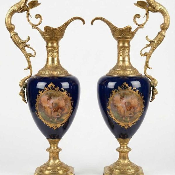 MACE Heritage - Luxus-Barockvase - Weinkrugform - Dunkelblau - Messing - Vasen-Set - Zwei Vasen rechts und links