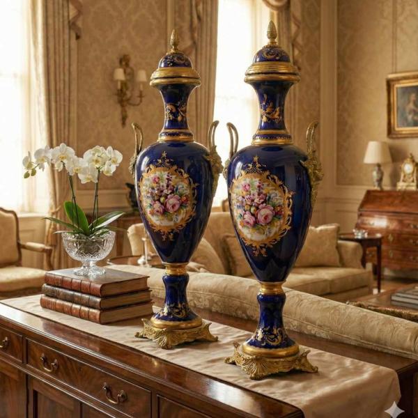 MACE Heritage – Baroque Romeo and Juliet Porcelain Vase Set – Brass Handle – Two Vases – 80 cm