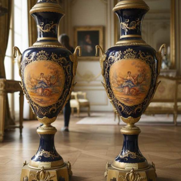 MACE Heritage – Hand-Painted Baroque Porcelain Vase Pair with Brass Details (120 cm)