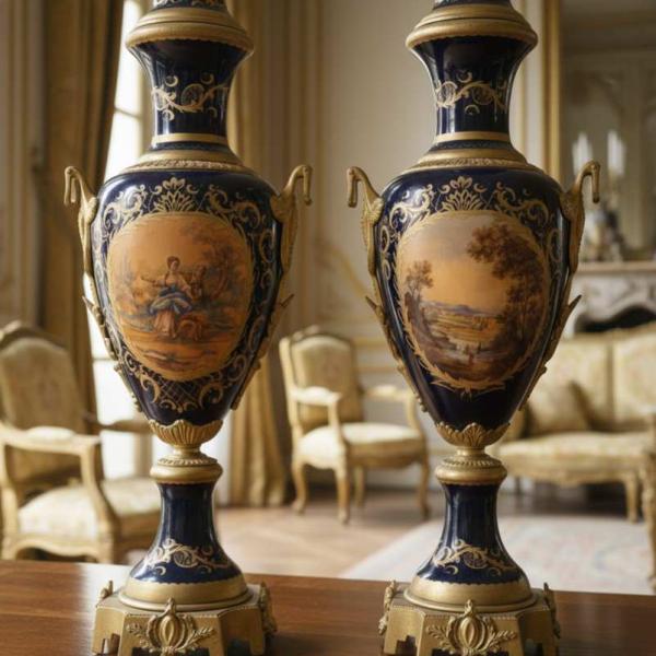 MACE Heritage – Hand-Painted Baroque Porcelain Vase Pair with Brass Details (120 cm)