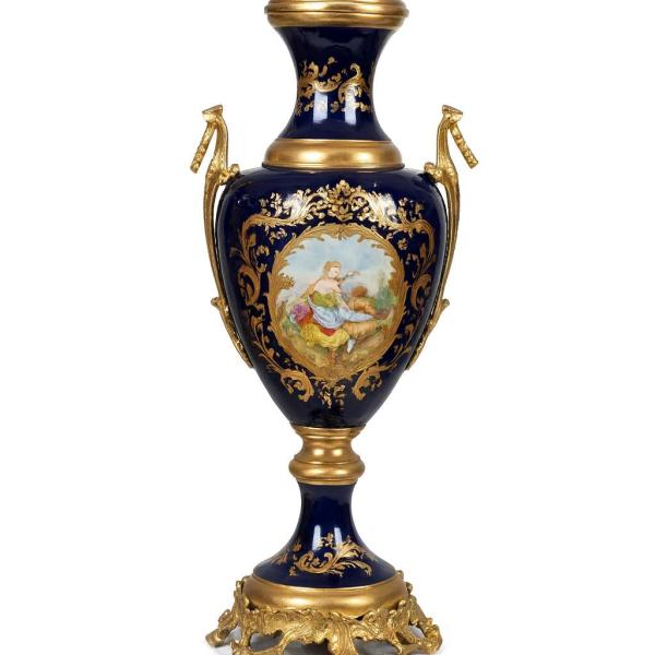 MACE Heritage - barocke Romeo und Julia Porzellan Vasen Set - Marineblaue Farbe - Messinggriff - Handgefertigte Ölzeichnung - Zwei Vasen+Eine Schale - 70cm