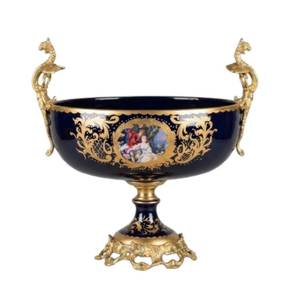 MACE Heritage - barocke Romeo und Julia Porzellan Vasen Set - Marineblaue Farbe - Messinggriff - Handgefertigte Ölzeichnung - Zwei Vasen+Eine Schale - 70cm