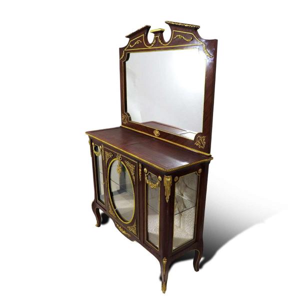 MACE Heritage - luxuriöse barocke Anrichte Louis XVI - Spiegel - Braune Farbe - Messing - Eine Tür - Eine Glasablage - Barockmöbel - hellbrauner Marmor - MACE