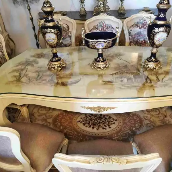 MACE Heritage Handgefertigtes Beiges Barock-Esszimmer-Set mit 8 Stühlen – Ölhandbemalt