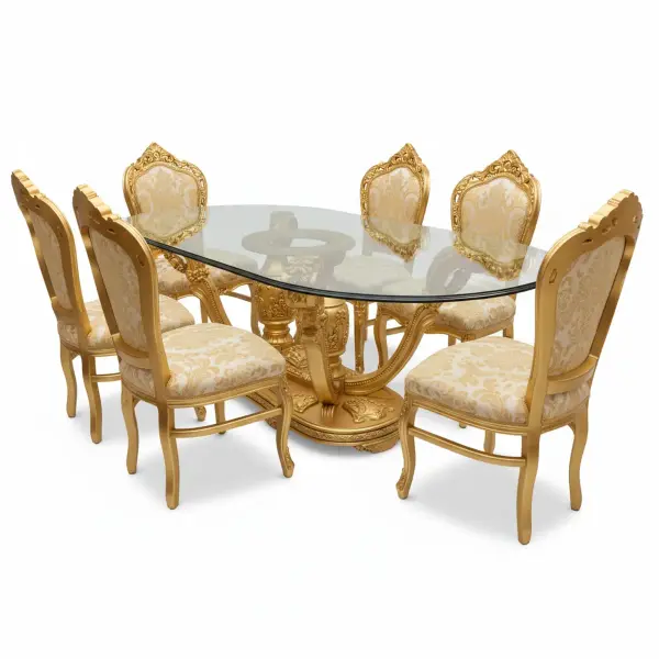 Mace Heritage - Barock Esstisch-Set Louis XVI – Ovaler Tisch mit Glasplatte & 6 Stühlen – Gold – Handgefertigt