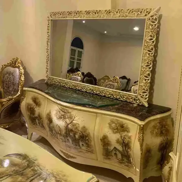 MACE Heritage Handgefertigtes Beiges Barock-Esszimmer-Set mit 8 Stühlen – Ölhandbemalt