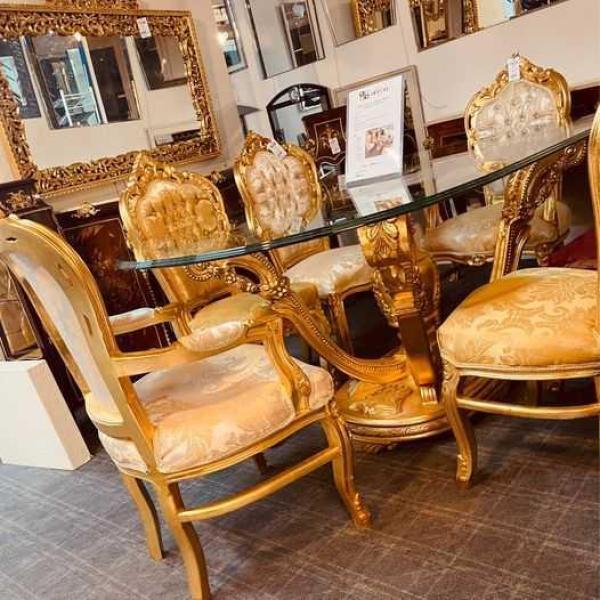 Mace Heritage - Barock Esstisch-Set Louis XVI – Ovaler Tisch mit Glasplatte & 6 Stühlen – Gold – Handgefertigt