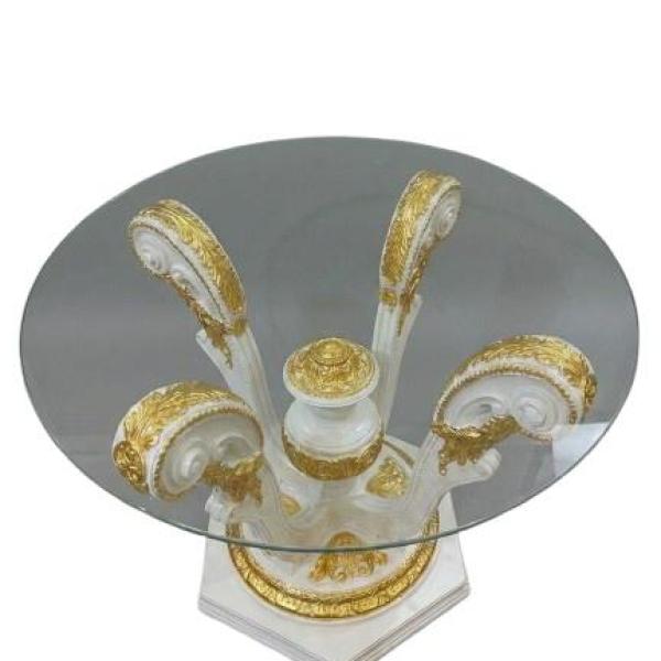 MACE Heritage Baroque Dining Table with White–Gold Carved Base and Glass Top – Handcrafted Luxury dinning table