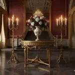 MACE Heritage – Barock Eingangstisch – Handgeschnitzter runder Goldtisch mit natürlicher schwarzer Marmorplatte (Ø 130 cm)