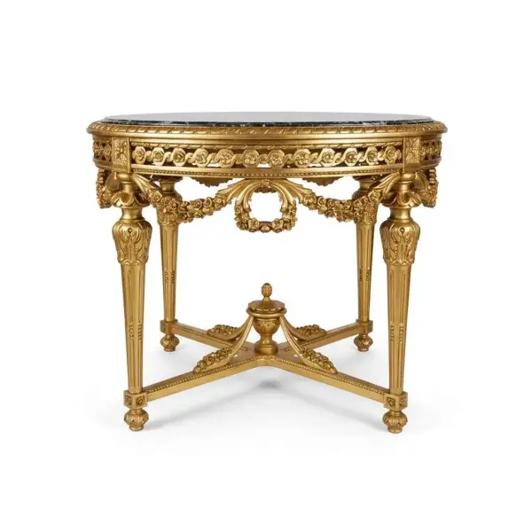 MACE Heritage – Barock Eingangstisch – Handgeschnitzter runder Goldtisch mit natürlicher schwarzer Marmorplatte (Ø 130 cm)