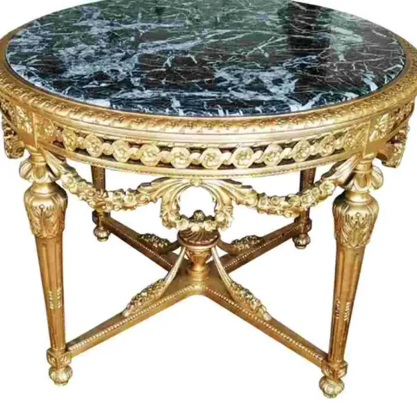 MACE Heritage – Barock Eingangstisch – Handgeschnitzter runder Goldtisch mit natürlicher schwarzer Marmorplatte (Ø 130 cm)
