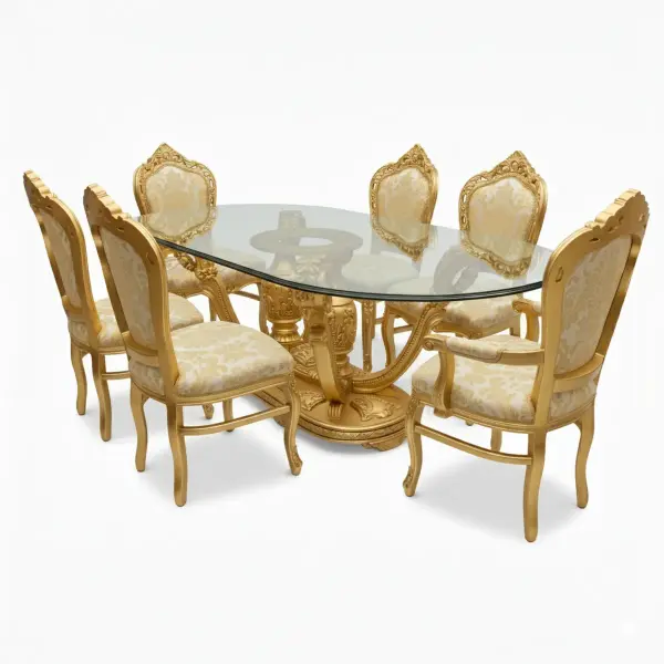 Mace Heritage - Barock Esstisch-Set Louis XVI – Ovaler Tisch mit Glasplatte & 6 Stühlen – Gold – Handgefertigt