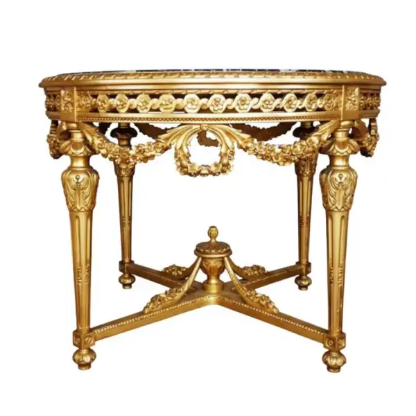 MACE Heritage – Barock Eingangstisch – Handgeschnitzter runder Goldtisch mit natürlicher schwarzer Marmorplatte (Ø 130 cm)