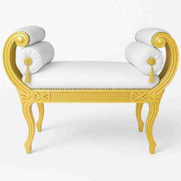 Baroque roman bench style - White faux leather fabric - Gilded wood - Royal classic furniture - Antique style - MACE
