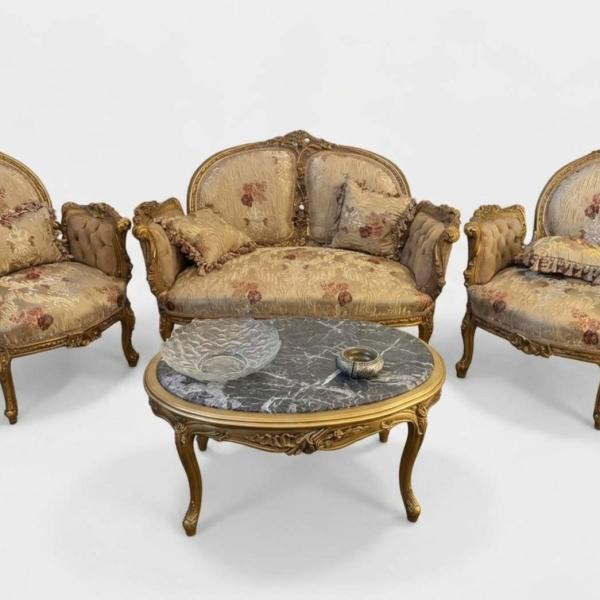 Barocke Salongarnitur im Stil Louis XV - Satinierter Stoff - Einzigartige Möbel - Wohnzimmermöbel - Sofa+Zwei Sessel - Klassische Möbel -MACE