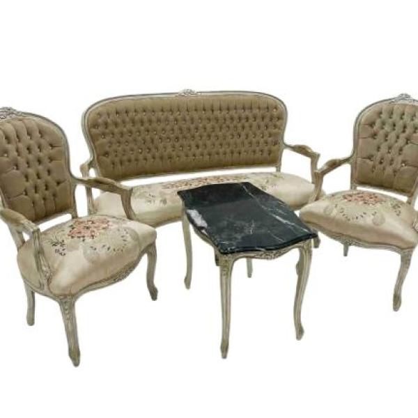 Barocke Salongarnitur - Stil Louis XVI - Farbe Champagner - Dreisitzer-Sofa+Zwei Sessel+Coffeetable - MACE
