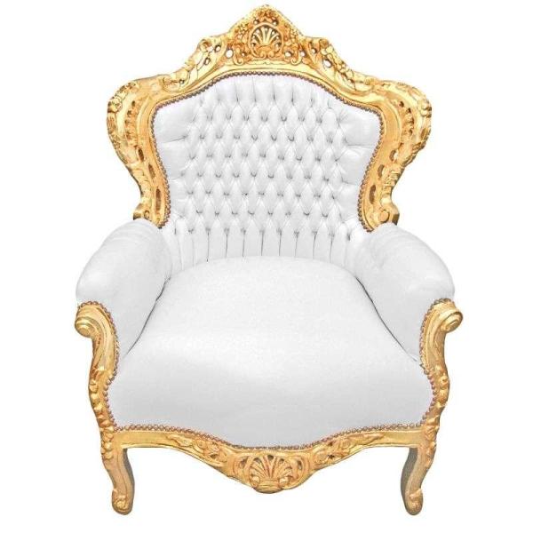 Sessel im Barockstil - Gold/Weiß - Klassische Möbel - Wohnzimmermöbel - Weißes Kunstleder - Möbel für alle Räume - Breite 80 cm - MACE