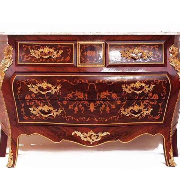 Baroque style commode - Brown color - Brass - 4 Drawers - Beige marble - Marquetry - 132cm Width - MACE