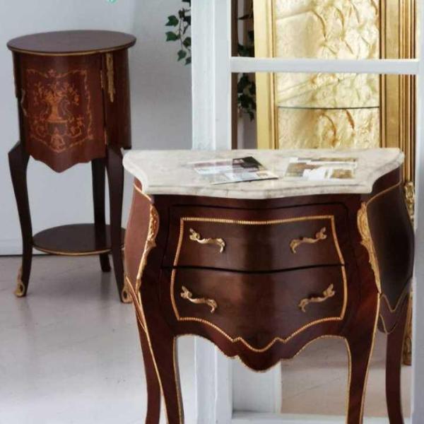 MACE Heritage – Baroque Style Side Table & Small Commode in Solid Beechwood with Marble Top and Copper Accents
