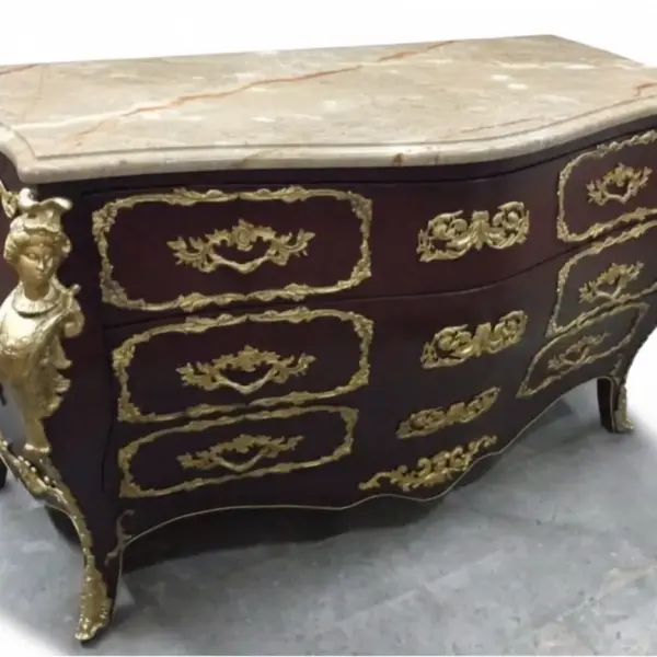 MACE Heritage – XL Baroque Chest of Drawers in Dark Brown with Natural Marble Top & Solid Brass Ornaments – Handcrafted - 160cm