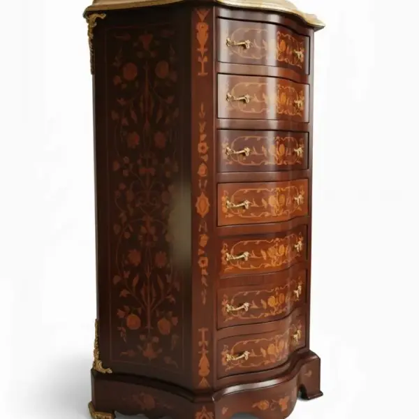MACE Heritage - Kommode im Barockstil - Intarsien - Braune Farbe - Beige Marmor - Gold Messing - Klassische Wohnmöbel LOUIS XVI