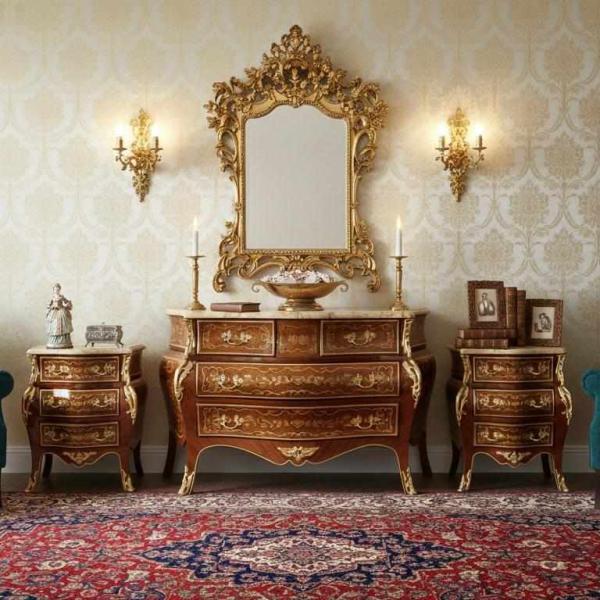 MACE Heritage – Barockes Kommoden-Set mit Intarsien und Marmorplatten, Louis-XV Stil
