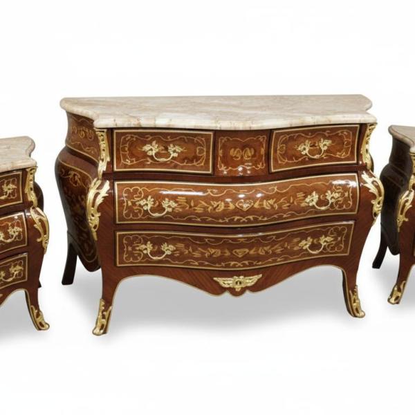 MACE Heritage – Barockes Kommoden-Set mit Intarsien und Marmorplatten, Louis-XV Stil