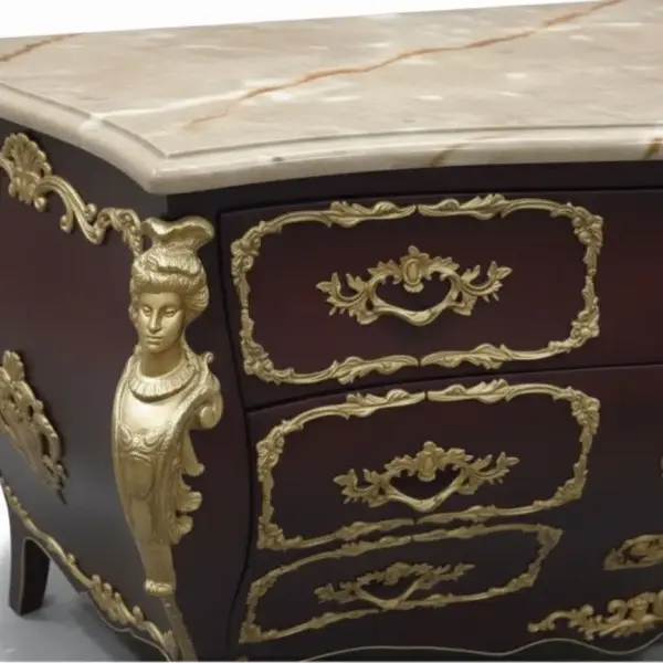 MACE Heritage – XL Baroque Chest of Drawers in Dark Brown with Natural Marble Top & Solid Brass Ornaments – Handcrafted - 160cm