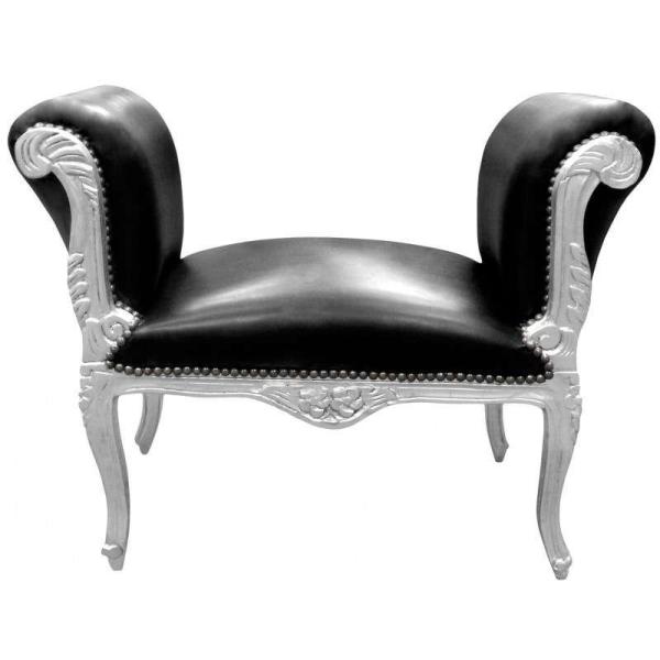 Baroque bench Louis XV style - Black faux leather - Silver wood - MACE