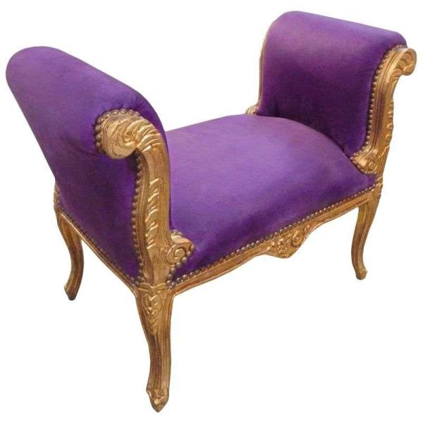 Baroque bench Louis XV style - Purple velvet fabric - Gold wood - MACE