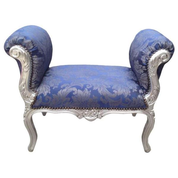 Baroque Bench Louis XV Style - Blue goblins satin Fabric - Silver Wood - MACE