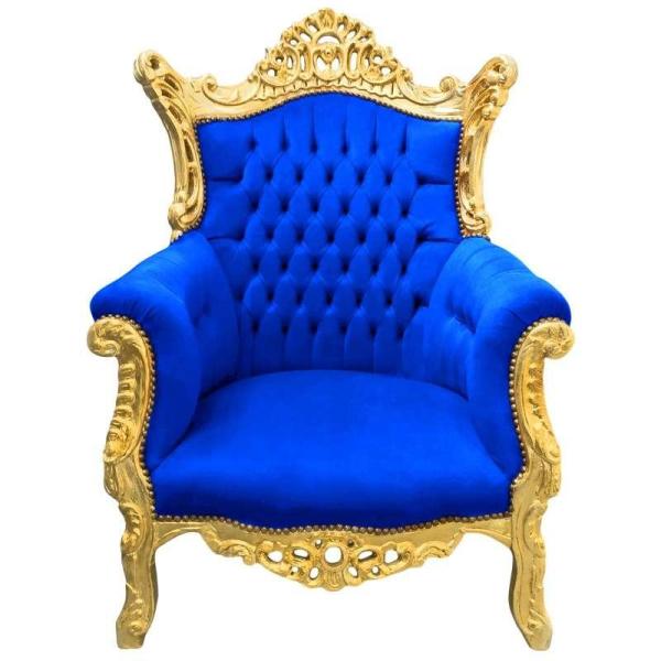 Barock-Rokoko-Stil - Sessel - Gold/Blau - Klassische Möbel - Wohnzimmermöbel - Blauer Samtstoff - Möbel für alle Räume - Breite 90 cm - MACE