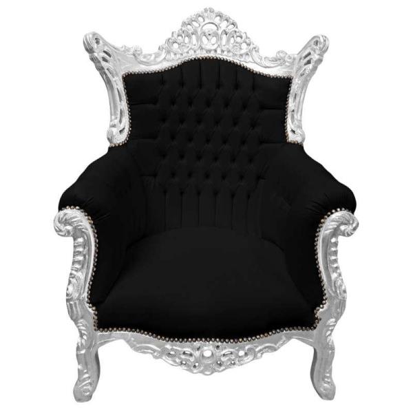 Baroque rococo style - Armchair - Silver/Black - Classic furniture - Living room furniture - Black velvet fabric - All rooms furniture - 90 cm width - MACE