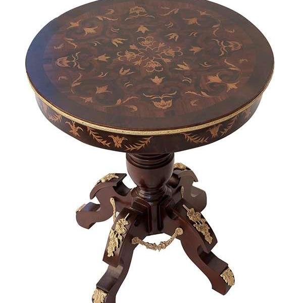 MACE - Barocker Beistelltisch im Stil Louis XV - Runder Beistelltisch - Farbe braun - Messing - Intarsien - Durchmesser 60cm