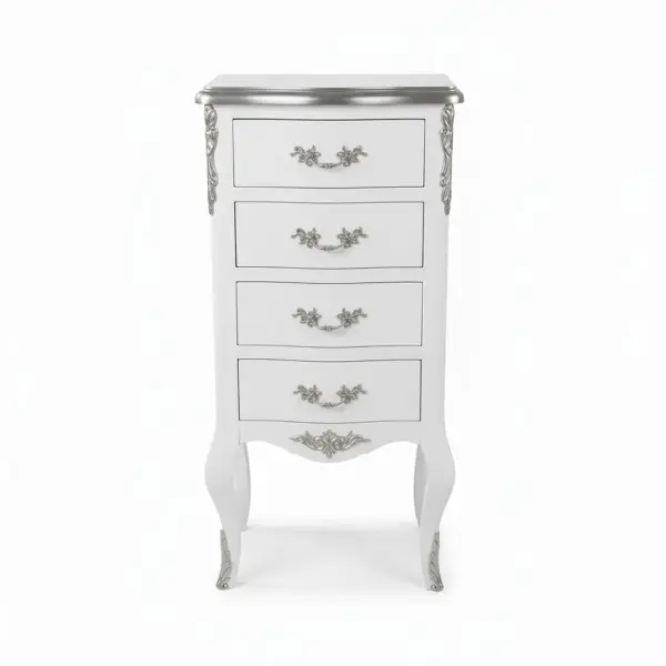 MACE Heritage – Elegante Barock-Kommode in Weiß & Silber – 4 Schubladen – Louis XVI Stil – Handgefertigt