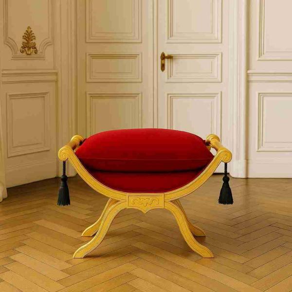 Barocke Sitzhockerbank - Degobart - Schwarzer Samtstoff - Vergoldetes Holz - MACE