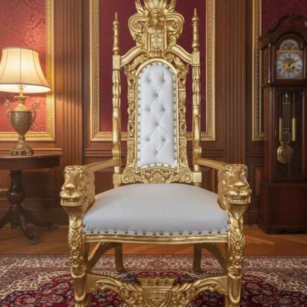 MACE Heritage - Barocker Löwenthron-Sessel-Kunstleder-Weiß/Gold - Handgefertigter königlicher Sessel-Hochzeitssessel-Barockmöbel