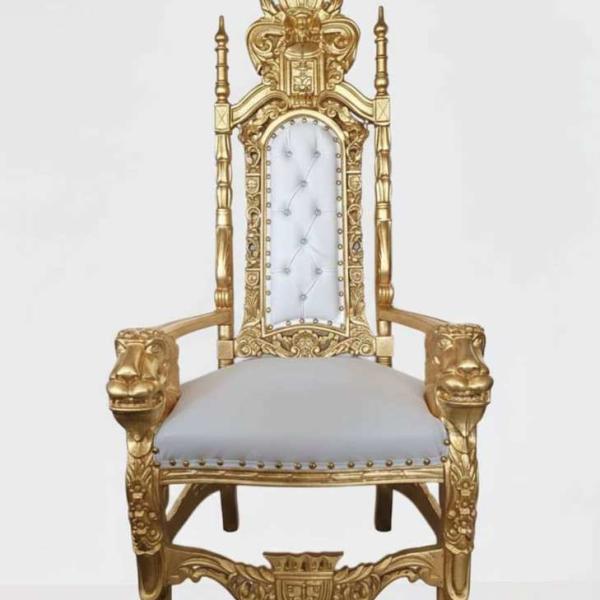 MACE Heritage - Barocker Löwenthron-Sessel-Kunstleder-Weiß/Gold - Handgefertigter königlicher Sessel-Hochzeitssessel-Barockmöbel