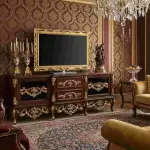 MACE Heritage – Baroque TV Unit in Brown Beech Wood with Gold Paper Leafs – Handcrafted – 145×60×65 cm
