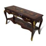 MACE - Baroque TV table - Brown color - Brass - Three drawers - One wooden shelf - Wood top surface - Marquetry - Baroque furniture - 122cm width