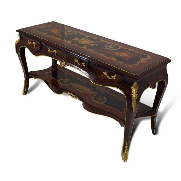MACE - Baroque TV table - Brown color - Brass - Three drawers - One wooden shelf - Wood top surface - Marquetry - Baroque furniture - 122cm width