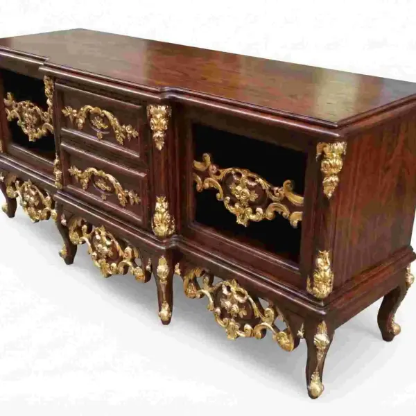 MACE Heritage – Baroque TV Unit in Brown Beech Wood with Gold Paper Leafs – Handcrafted – 145×60×65 cm