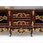MACE Heritage – Baroque TV Unit in Brown Beech Wood with Gold Paper Leafs – Handcrafted – 145×60×65 cm