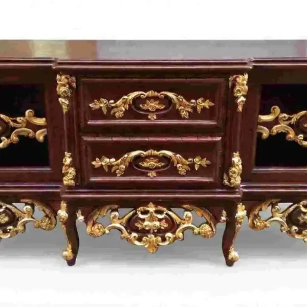 MACE Heritage – Baroque TV Unit in Brown Beech Wood with Gold Paper Leafs – Handcrafted – 145×60×65 cm