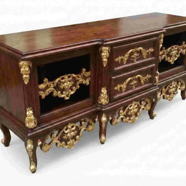 MACE Heritage – Baroque TV Unit in Brown Beech Wood with Gold Paper Leafs – Handcrafted – 145×60×65 cm