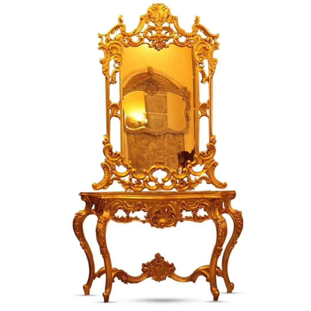Baroque Golden Console with beige marble and mirror frame antique style