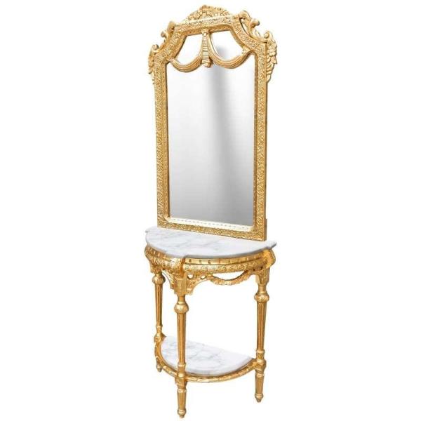 Barock Louis XVI- Halbkreis-Konsole - Spiegel+Konsole - Gold - Weißer Marmor - Klassische Möbel - Wohnzimmermöbel - MACE